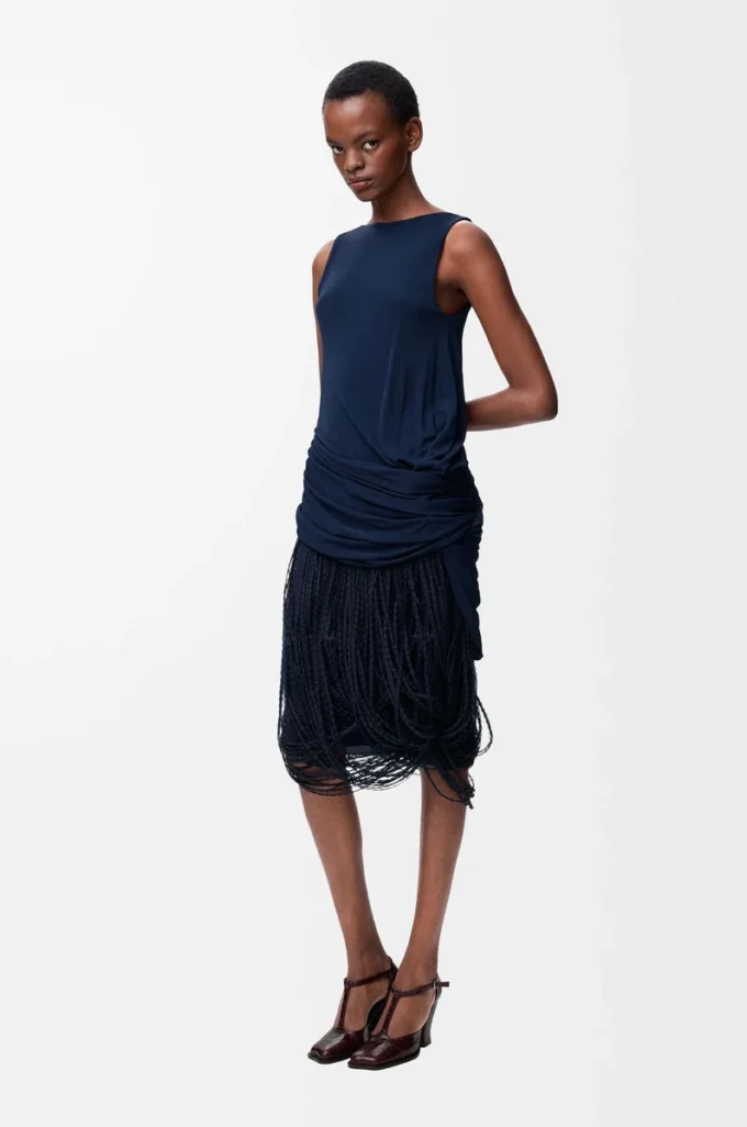Abito decorato in viscosa blu navy