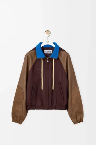 Bomber in nylon, pelle di agnello nappa e pelle di vitello scamosciata Marrone