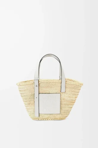 Borsa a cestino in foglia di palma e pelle di vitello Naturale/Bianco