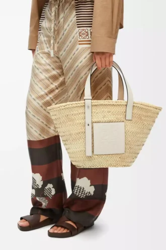 Borsa a cestino in foglia di palma e pelle di vitello Naturale/Bianco