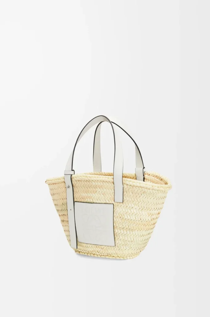 Borsa a cestino in foglia di palma e pelle di vitello Naturale/Bianco Borsa a cestino in foglia di palma e pelle di vitello Naturale/Bianco