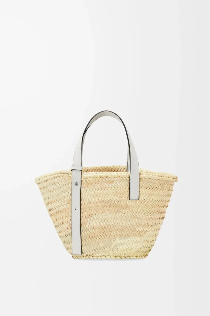 Borsa a cestino in foglia di palma e pelle di vitello Naturale/Bianco Borsa a cestino in foglia di palma e pelle di vitello Naturale/Bianco