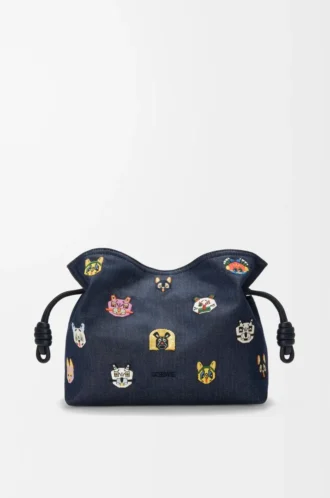 Borsa a mano Flamenco media Cats in denim ricamato Blu