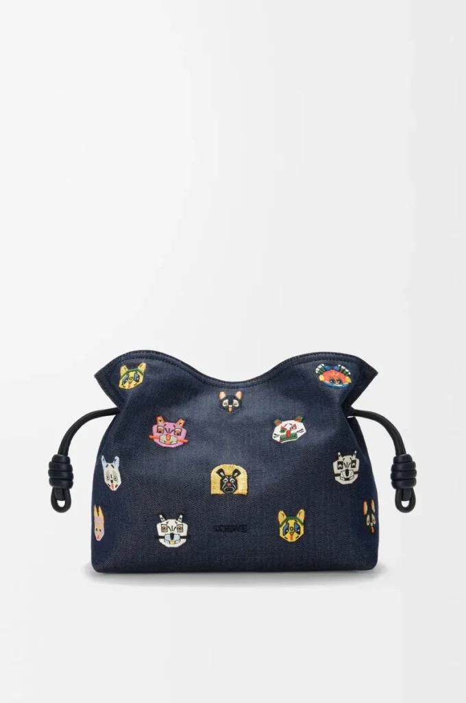Borsa a mano Flamenco media Cats in denim ricamato Blu Borsa a mano Flamenco media Cats in denim ricamato Blu