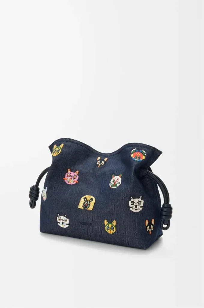 Borsa a mano Flamenco media Cats in denim ricamato Blu Borsa a mano Flamenco media Cats in denim ricamato Blu