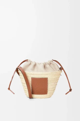 Borsa a secchiello con coulisse in foglia di palma e pelle di vitello Naturale/Tan
