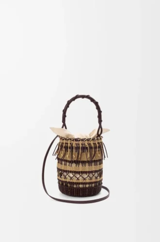 Borsa a secchiello in corda e pelle Marrone scuro/Multicolore