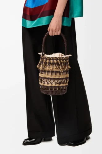 Borsa a secchiello in corda e pelle Marrone scuro/Multicolore