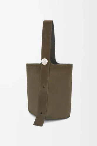 Borsa a secchiello Pebble grande in pelle di vitello scamosciata Dark Olive