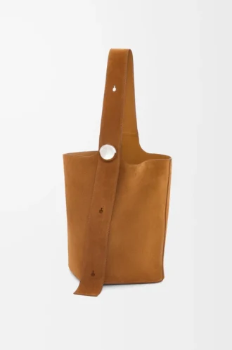 Borsa a secchiello Pebble grande in pelle scamosciata di vitello Tabacco