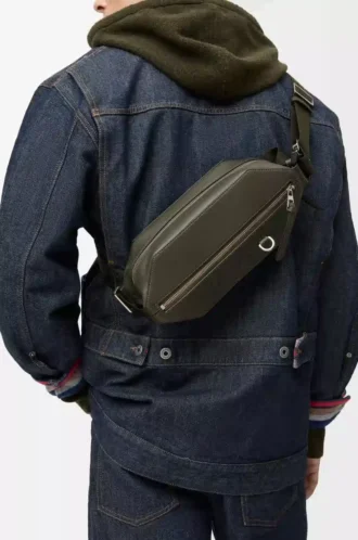 Borsa a tracolla convertibile in pelle di vitello classica color kaki scuro