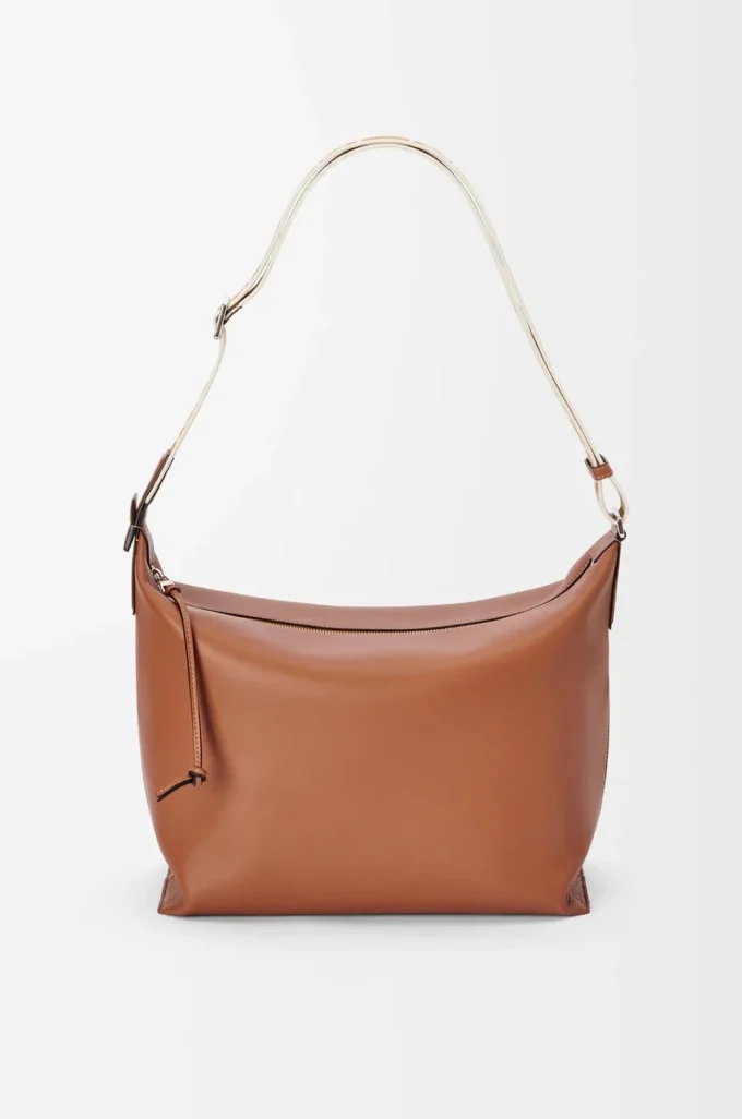 Borsa a tracolla Cubi in morbida pelle di vitello liscia e jacquard marrone chiaro
