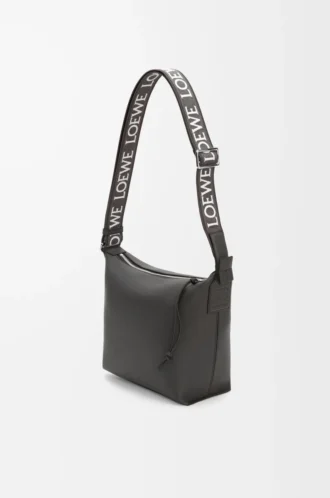 Borsa a tracolla Cubi piccola in morbida pelle di vitello liscia e jacquard grigio scuro