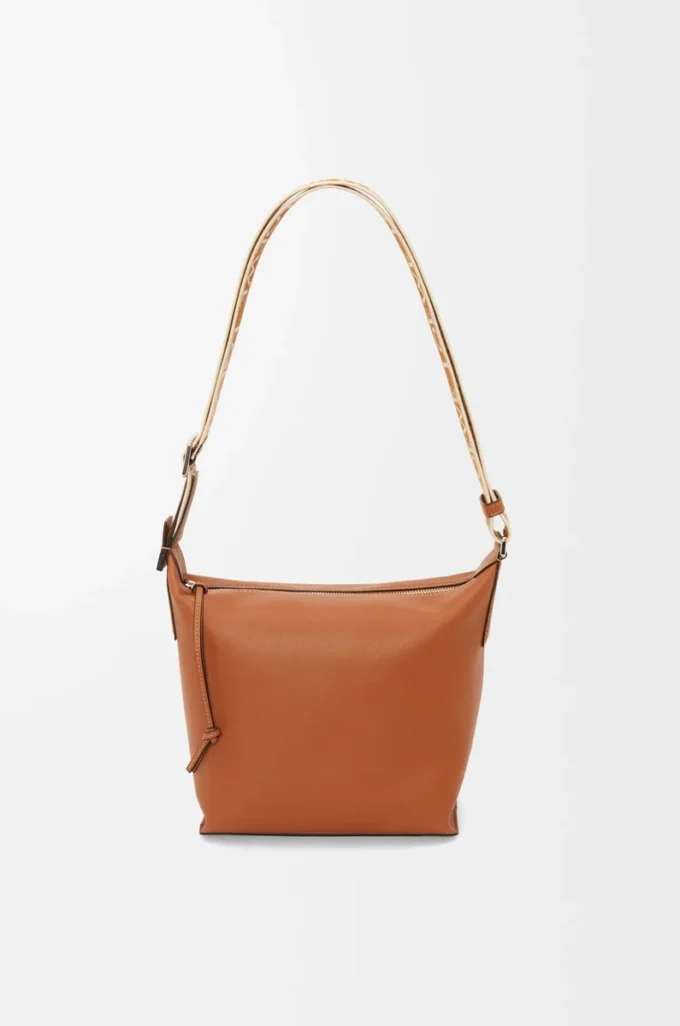 Borsa a tracolla Cubi piccola in morbida pelle di vitello liscia e jacquard Tan