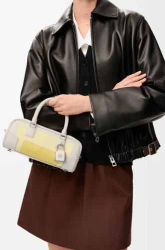 Borsa Amazona 23 corta in pelle di vitello nappa grigio chiaro/citrino chiaro