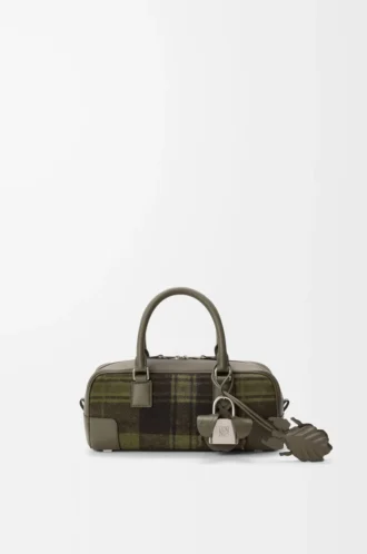 Borsa Amazona 23 corta in pelle scamosciata tartan e pelle di vitello nappa Kaki/Verde
