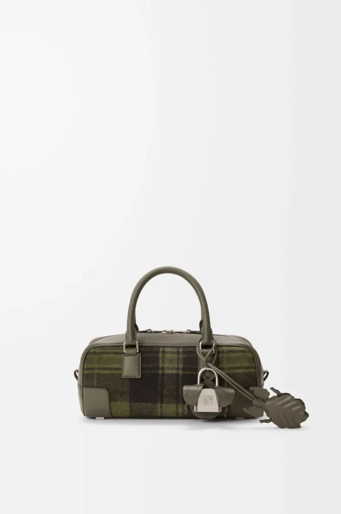 Borsa Amazona 23 corta in pelle scamosciata tartan e pelle di vitello nappa Kaki/Verde Borsa Amazona 23 corta in pelle scamosciata tartan e pelle di vitello nappa Kaki/Verde