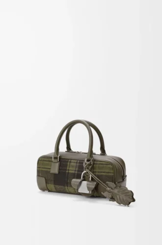 Borsa Amazona 23 corta in pelle scamosciata tartan e pelle di vitello nappa Kaki/Verde