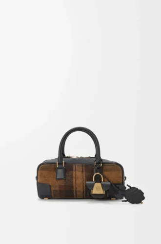 Borsa Amazona 23 corta in pelle scamosciata tartan e pelle di vitello nappa Tan/Black
