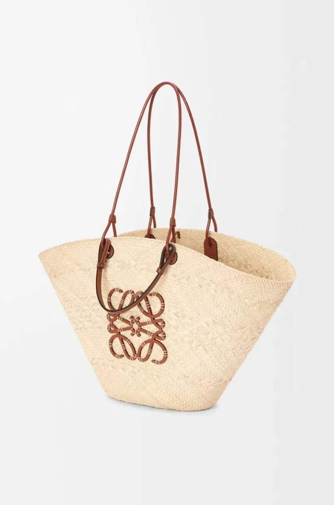 Borsa Anagram Basket grande in palma iraca e pelle di vitello Naturale/Tan
