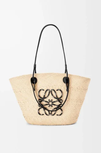 Borsa Anagram Basket media in palma iraca e pelle di vitello Naturale/Nero