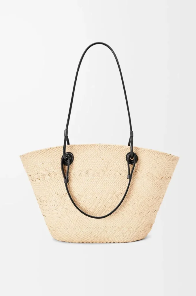 Borsa Anagram Basket media in palma iraca e pelle di vitello Naturale/Nero