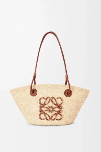 Borsa Anagram Basket piccola in palma iraca e pelle di vitello Naturale/Tan