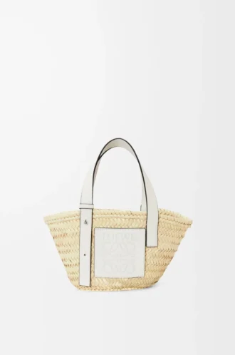 Borsa Basket piccola in foglia di palma e pelle di vitello Naturale/Bianco