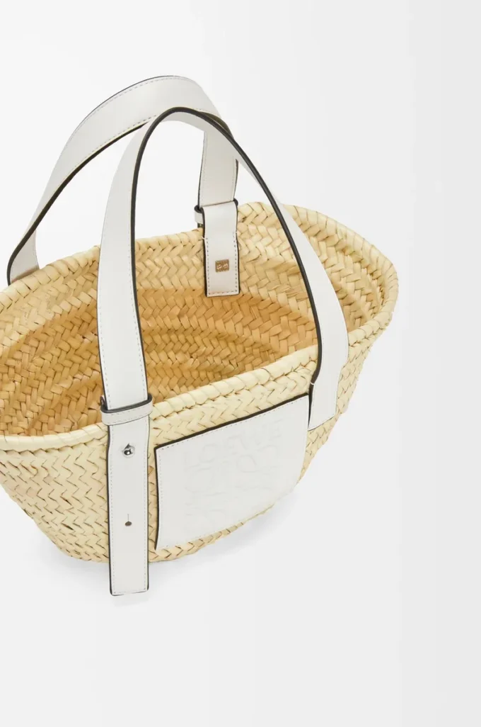 Borsa Basket piccola in foglia di palma e pelle di vitello Naturale/Bianco Borsa Basket piccola in foglia di palma e pelle di vitello Naturale/Bianco