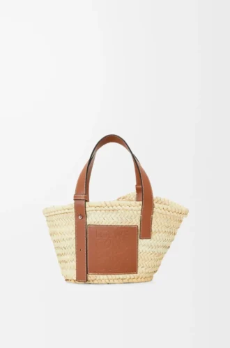 Borsa Basket piccola in foglia di palma e pelle di vitello Naturale/Cuoio
