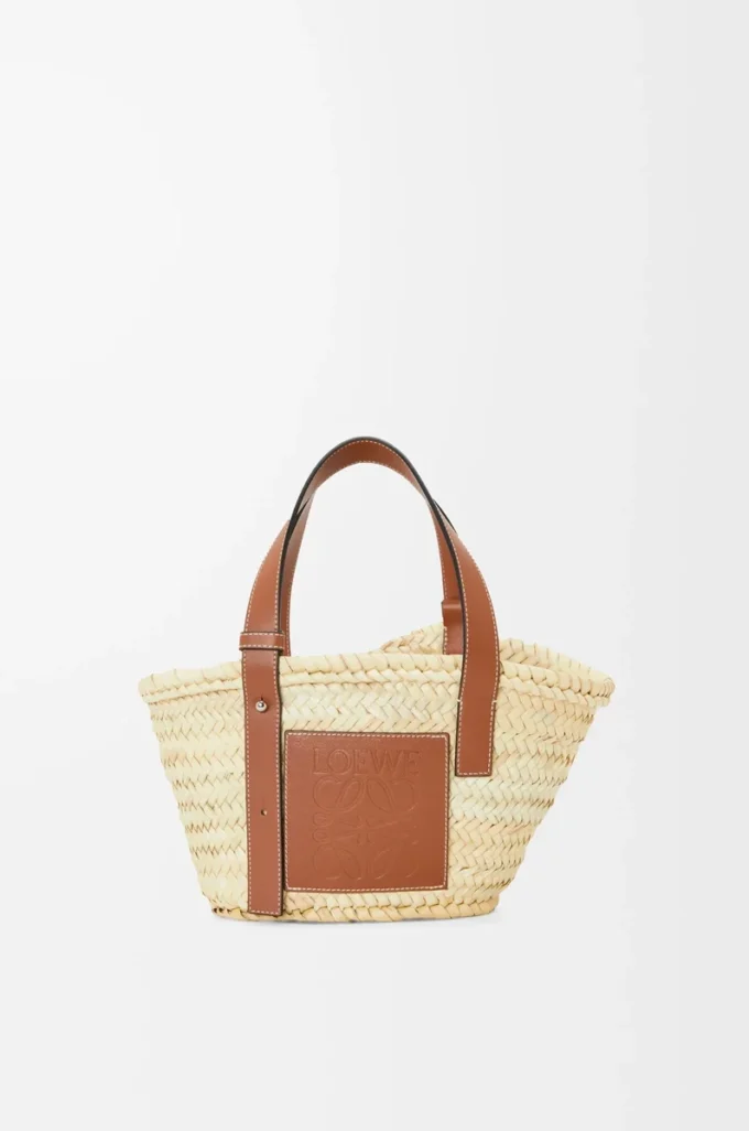 Borsa Basket piccola in foglia di palma e pelle di vitello Naturale/Cuoio Borsa Basket piccola in foglia di palma e pelle di vitello Naturale/Cuoio
