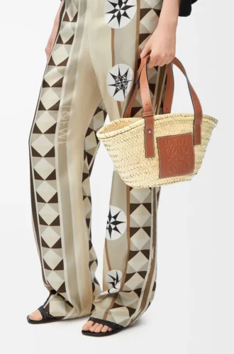 Borsa Basket piccola in foglia di palma e pelle di vitello Naturale/Cuoio