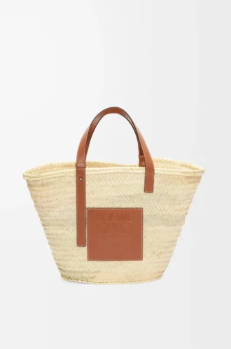 Borsa Classic Basket grande in foglie di palma e pelle di vitello Naturale/Tan
