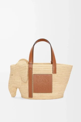 Borsa Elephant in rafia e pelle di vitello Naturale/Tan