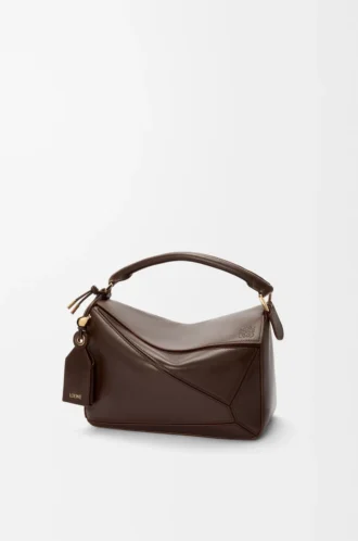 Borsa Featherlight Puzzle piccola in pelle di agnello nappa Dark Chestnut