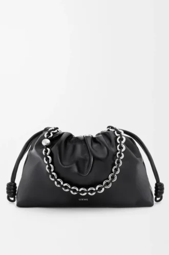 Borsa Flamenco grande in pelle di agnello nappa verniciata Nero