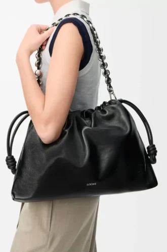 Borsa Flamenco grande in pelle di agnello nappa verniciata Nero