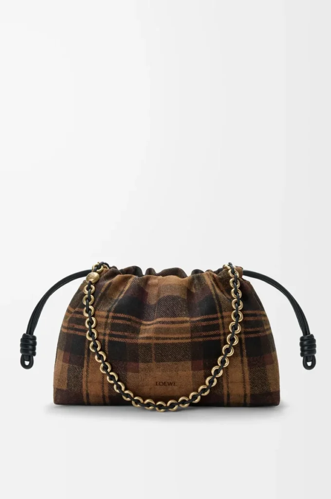 Borsa Flamenco media in pelle scamosciata tartan Tan/Nero Borsa Flamenco media in pelle scamosciata tartan Tan/Nero