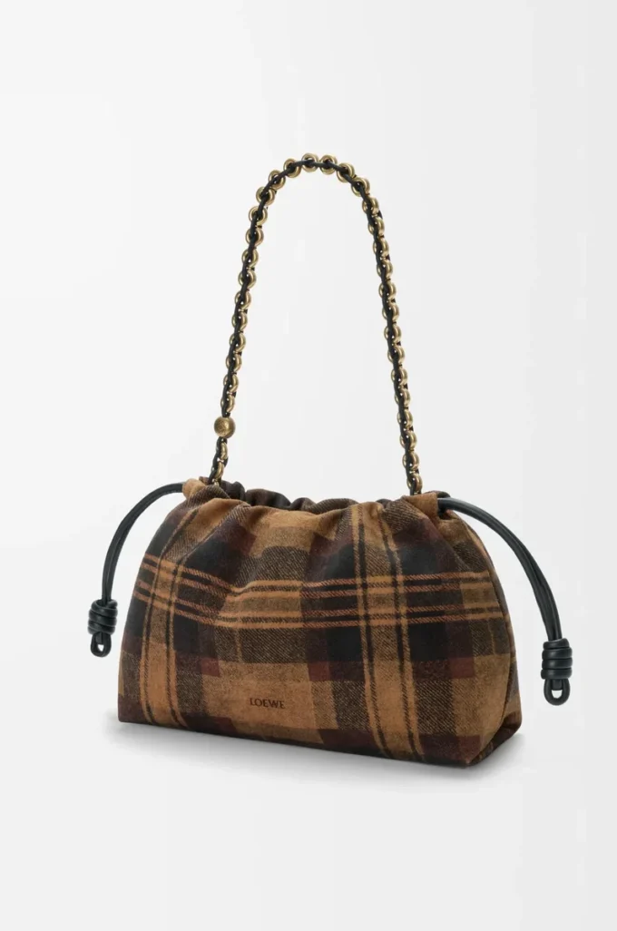 Borsa Flamenco media in pelle scamosciata tartan Tan/Nero Borsa Flamenco media in pelle scamosciata tartan Tan/Nero