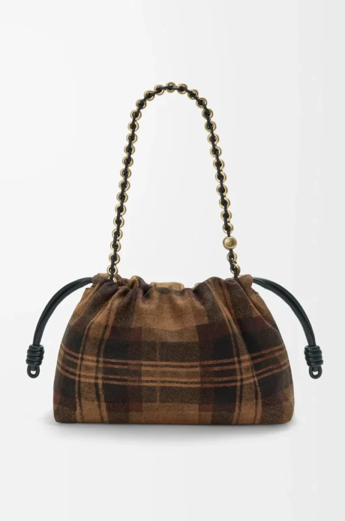 Borsa Flamenco media in pelle scamosciata tartan Tan/Nero Borsa Flamenco media in pelle scamosciata tartan Tan/Nero