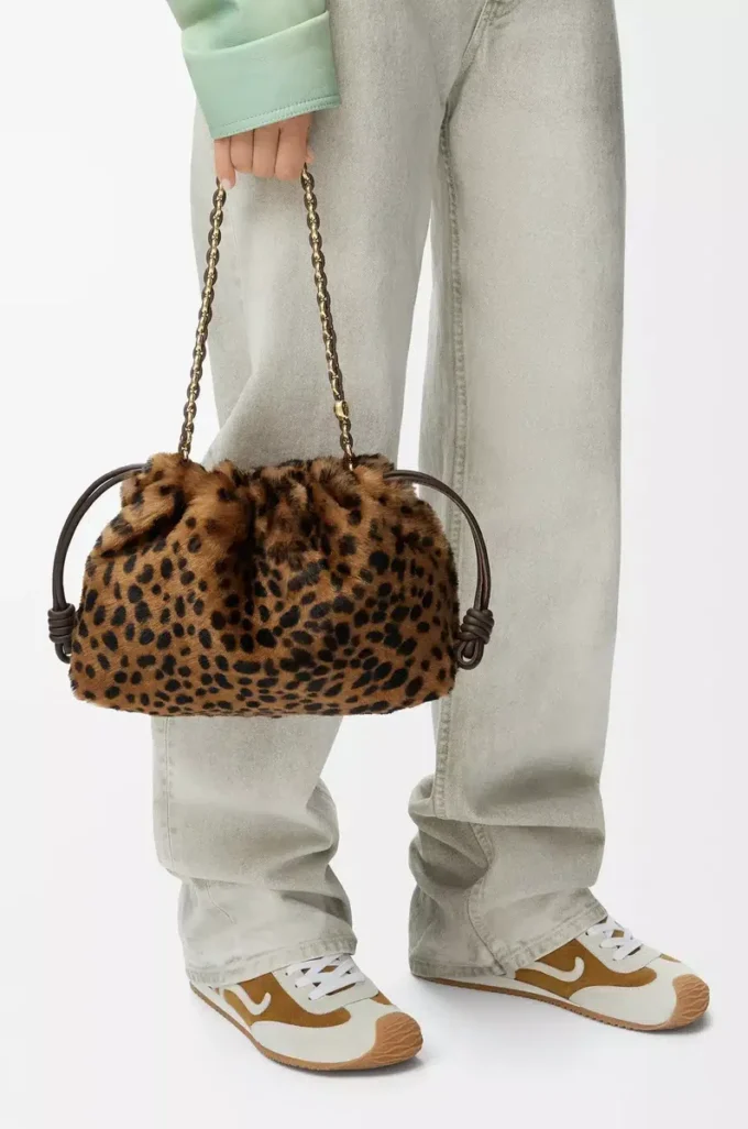 Borsa Flamenco media in shearling stampato Beige/Marrone