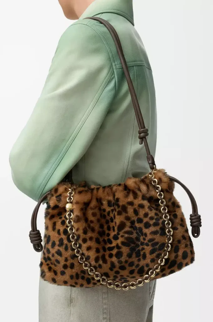 Borsa Flamenco media in shearling stampato Beige/Marrone