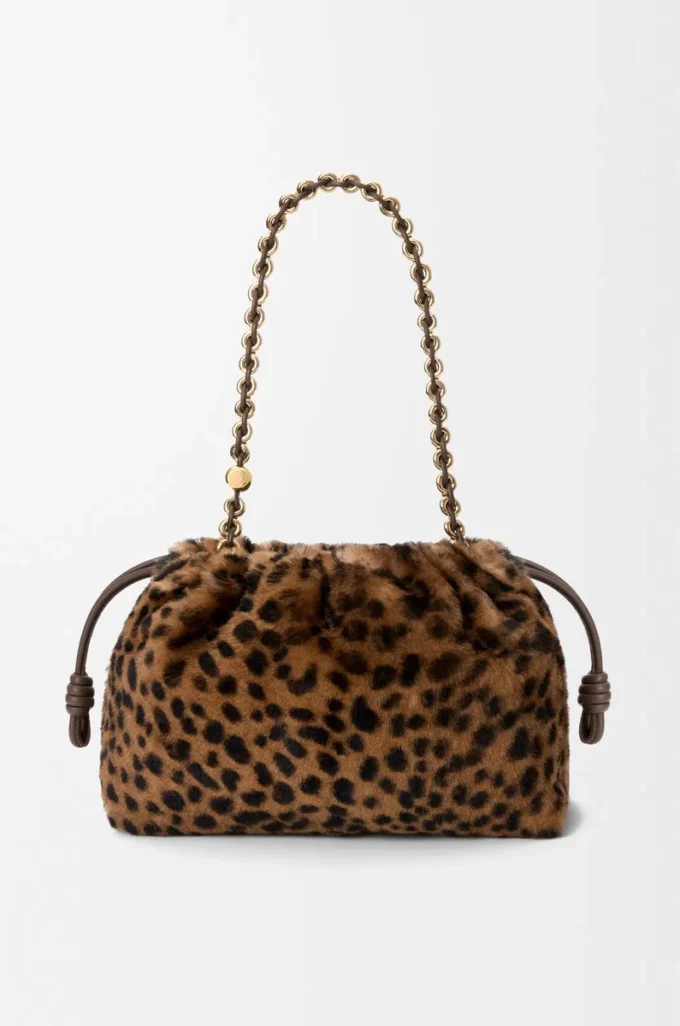 Borsa Flamenco media in shearling stampato Beige/Marrone