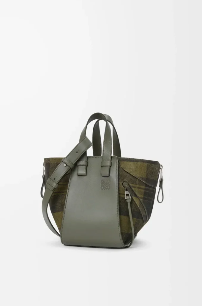 Borsa Hammock compatta in pelle scamosciata e classica pelle di vitello Kaki/Verde