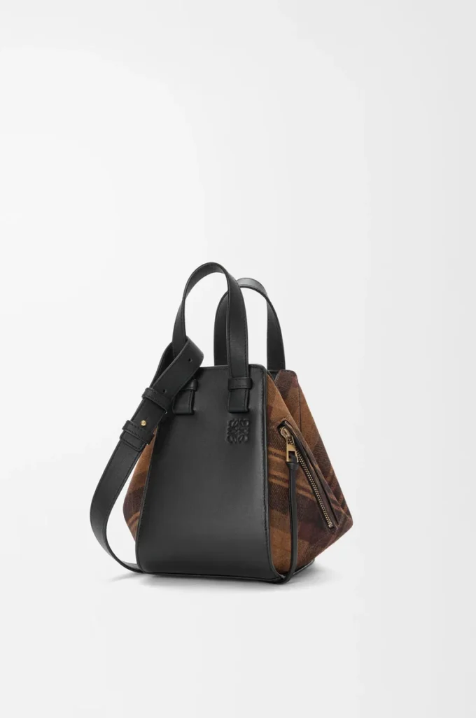 Borsa Hammock compatta in pelle scamosciata e pelle di vitello classica Tan/Nero