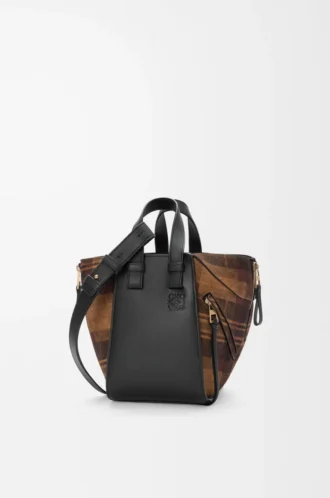 Borsa Hammock compatta in pelle scamosciata e pelle di vitello classica Tan/Nero