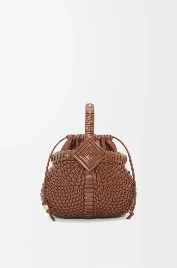 Borsa Mini Diamond Round Basket in pelle di vitello Dark Tan