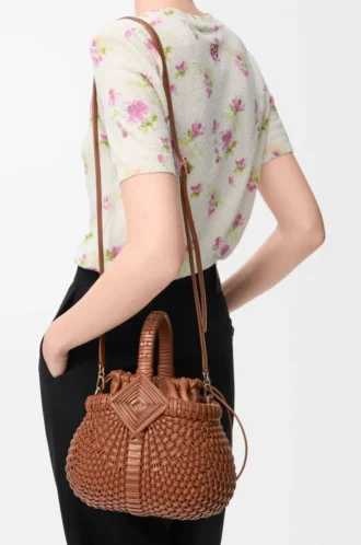 Borsa Mini Diamond Round Basket in pelle di vitello Dark Tan Borsa Mini Diamond Round Basket in pelle di vitello Dark Tan