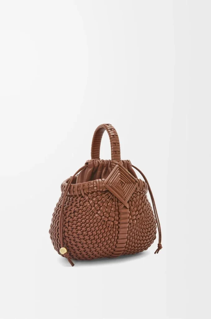 Borsa Mini Diamond Round Basket in pelle di vitello Dark Tan