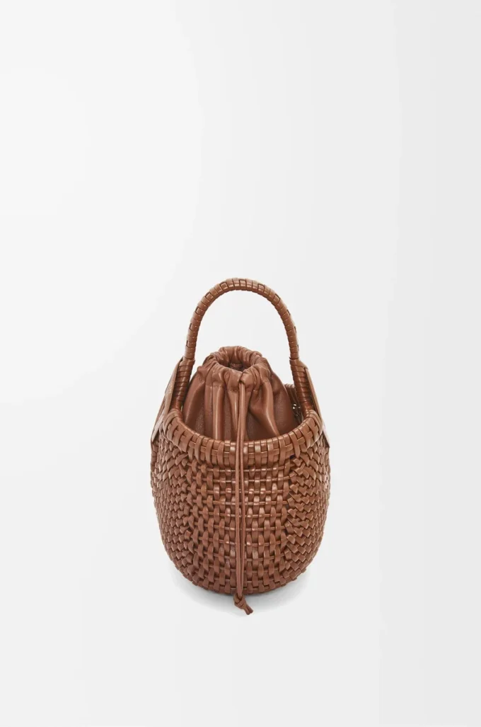Borsa Mini Diamond Round Basket in pelle di vitello Dark Tan